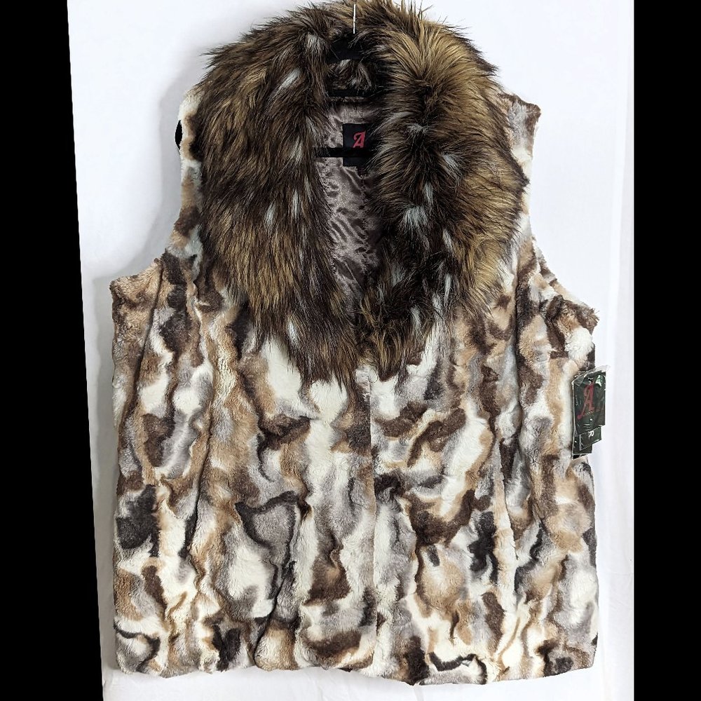 NWT Sz 2X ADRIENNE LANDAU Tan, Brown & White Women's Lined Faux Fur Trimmed Vest